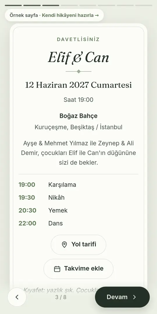 Davet sayfası: tarih, saat, mekân